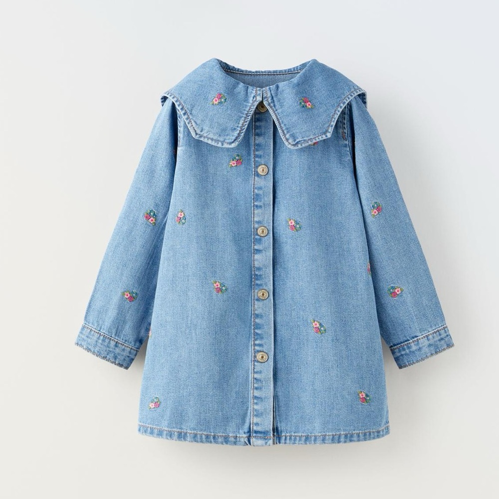 Zara 2T Denim Dress with Embroidered Flowers and Peter Pan Collar